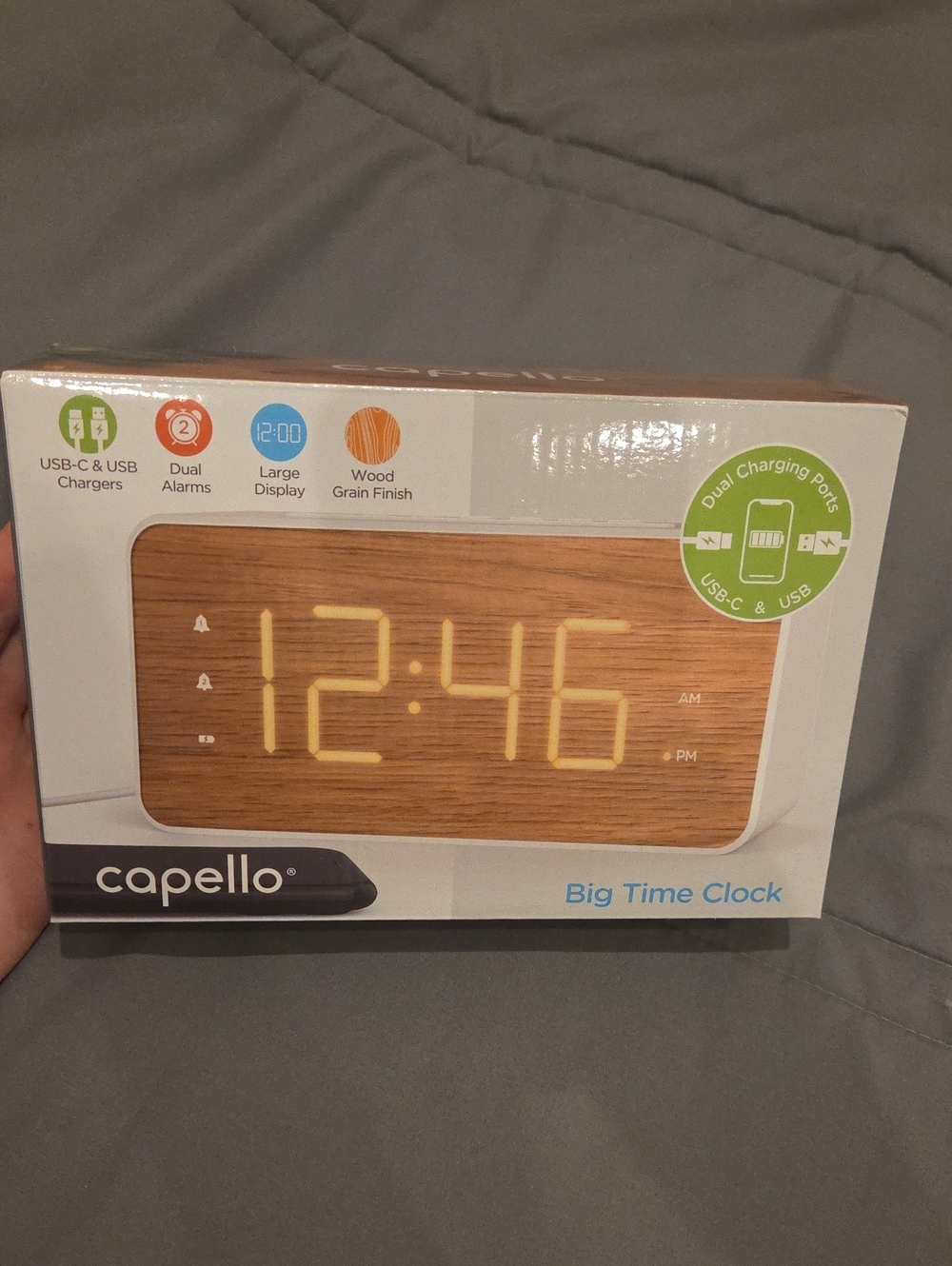 Capello Big Time Clock Wood Grain LED Alarm Clock with Dual USB Charging (Brown)
